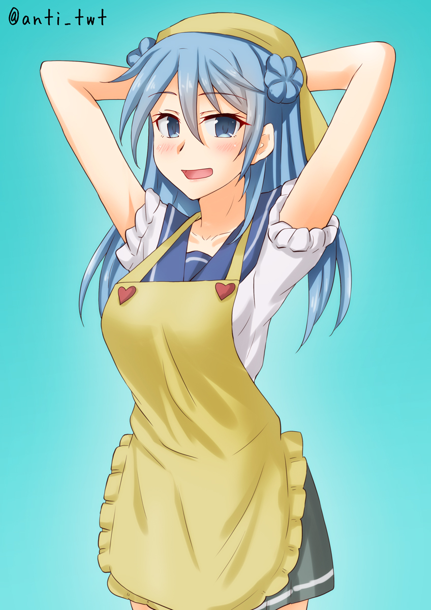 1girl anti_(untea9) apron arms_behind_head arms_up bandana blue_background blue_eyes blue_hair blue_sailor_collar commentary_request double_bun grey_skirt highres kantai_collection long_hair looking_at_viewer pleated_skirt sailor_collar school_uniform serafuku skirt sleeves_rolled_up solo twitter_username urakaze_(kantai_collection) yellow_apron