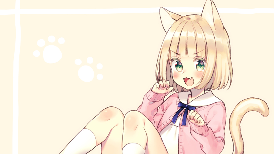 1girl :d animal_ears bangs beige_background blonde_hair blue_bow blush bow cat_ears cat_girl cat_tail claw_pose commentary dress eyebrows_visible_through_hair fang green_eyes jacket kneehighs knees_up long_sleeves looking_at_viewer midorikawa_you open_clothes open_jacket open_mouth original pink_jacket short_hair sitting sleeves_past_wrists smile solo symbol_commentary tail tail_raised two-tone_background v-shaped_eyebrows white_background white_dress white_legwear