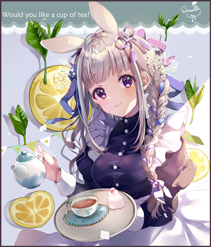 1girl animal animal_ears apron bangs bird black_dress blue_ribbon blush braid breasts brown_hair closed_mouth commentary_request cup dress english_text eyebrows_visible_through_hair flower food fruit hair_flower hair_ornament hair_over_shoulder head_tilt holding holding_tray juliet_sleeves lemon lemon_slice long_hair long_sleeves looking_at_viewer maid medium_breasts original puffy_sleeves puracotte purple_ribbon rabbit_ears ribbon ribbon_braid saucer signature smile solo tea teacup teapot tray twin_braids white_apron white_flower