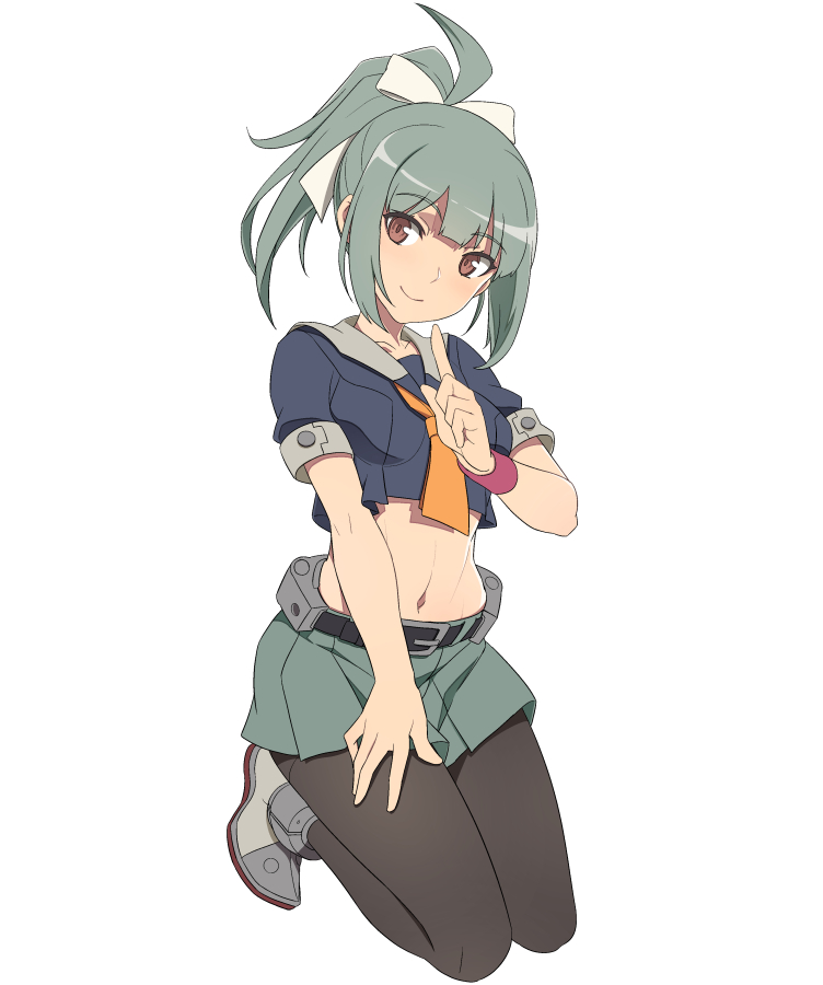 1girl ahoge black_shirt bow brown_eyes crop_top full_body green_hair green_skirt grey_sailor_collar hair_bow head_tilt index_finger_raised kantai_collection kneeling looking_at_viewer nanashino neckerchief orange_neckwear pantyhose ponytail remodel_(kantai_collection) sailor_collar sailor_shirt school_uniform serafuku shirt simple_background skirt smile solo white_background yuubari_(kantai_collection)