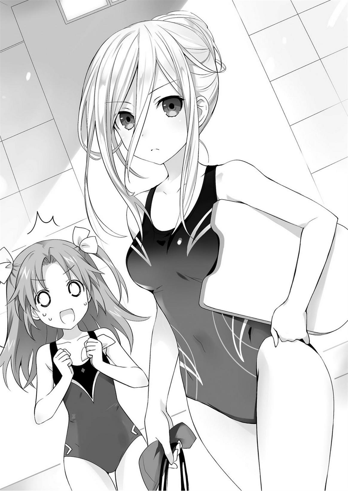 2girls bangs braid breasts closed_mouth collarbone competition_swimsuit date_a_live ellen_mira_mathers expressionless eyebrows_visible_through_hair goggles goggles_removed greyscale hair_between_eyes hair_ribbon highres long_hair looking_at_viewer medium_breasts monochrome multiple_girls okamine_mikie one-piece_swimsuit open_mouth ribbon small_breasts standing surprised swim_cap swim_cap_removed swimsuit