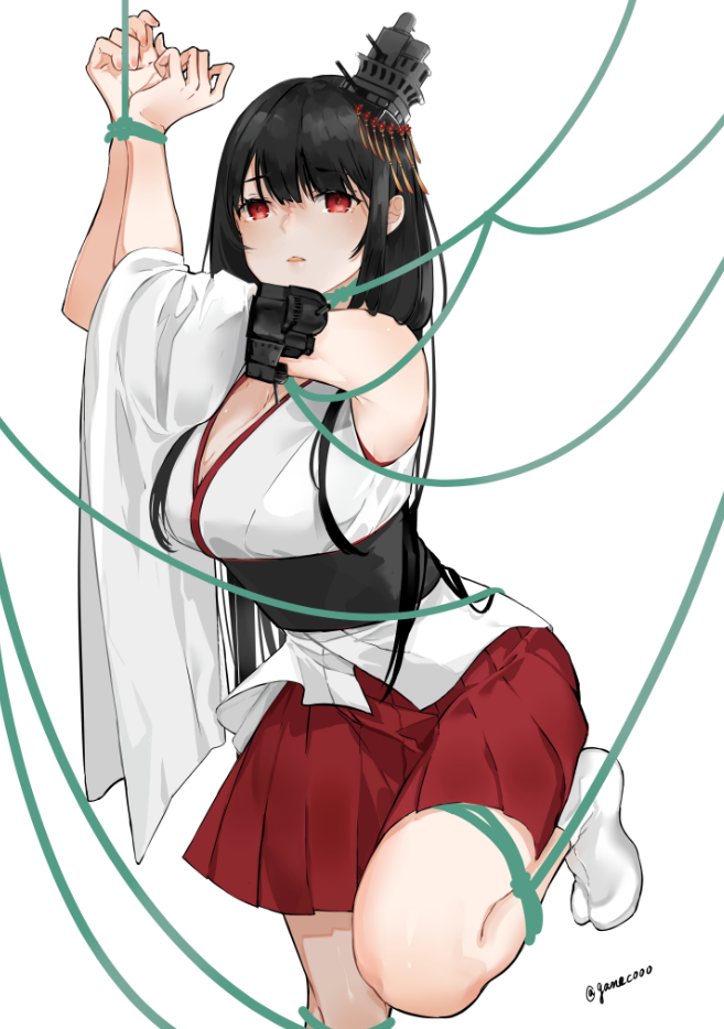 1girl black_hair bound commentary_request cowboy_shot detached_sleeves fusou_(kantai_collection) hair_ornament kantai_collection long_hair nello_(luminous_darkness) pleated_skirt red_eyes red_skirt rope simple_background skirt socks solo standing standing_on_one_leg tabi tied_up twitter_username white_background white_legwear