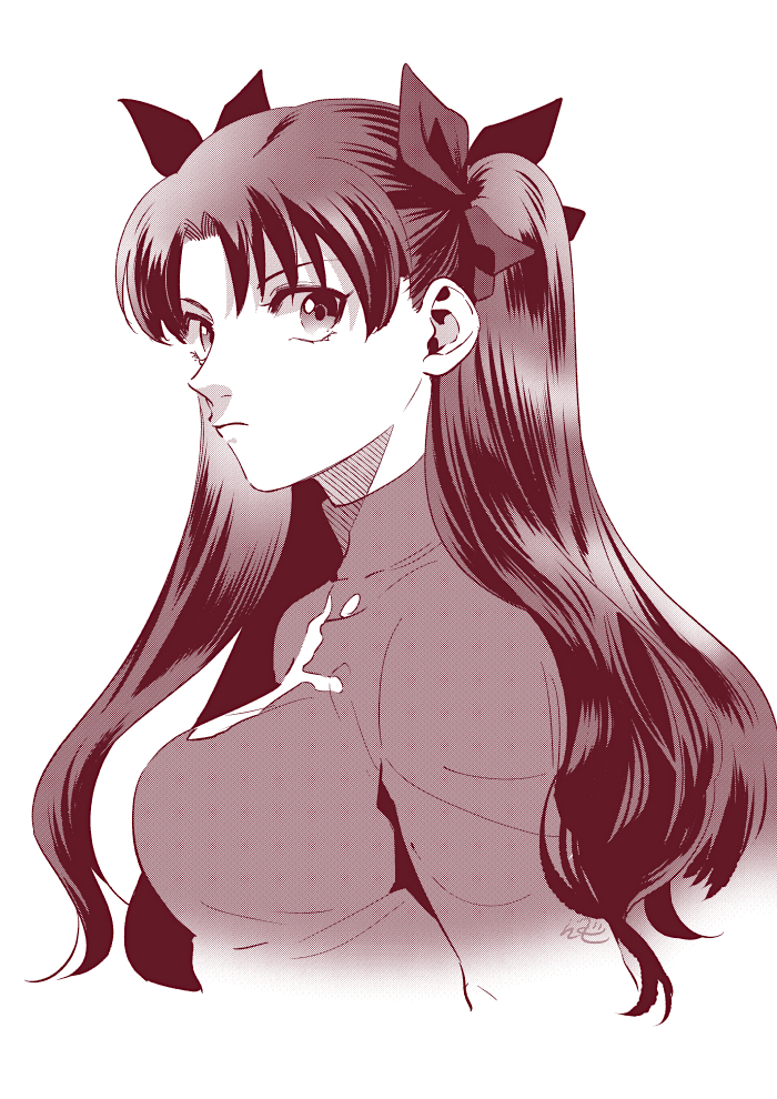 1girl fate/stay_night fate_(series) hair_ribbon looking_to_the_side monochrome nishiyama_(whatsoy) ribbon solo toosaka_rin turtleneck two_side_up upper_body