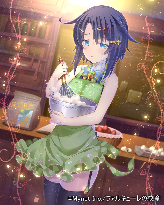 1girl apron bandaid bangs black_legwear blue_eyes blue_hair blush cooking cowboy_shot cream cream_on_face eyebrows_visible_through_hair falkyrie_no_monshou food food_on_face garter_straps green_apron hair_between_eyes hair_ornament hairclip long_hair open_mouth shiny shiny_skin sleeveless solo soukuu_kizuna standing thigh-highs