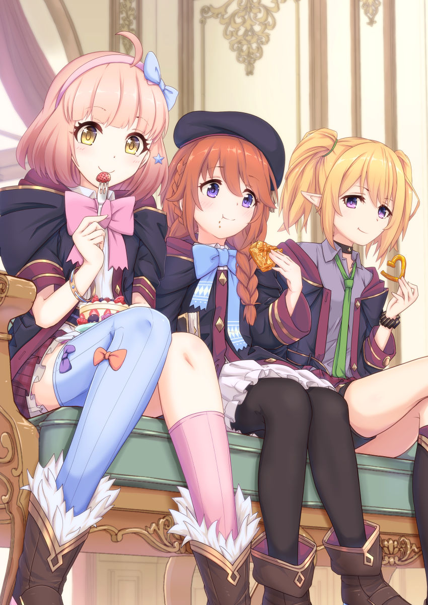 3girls beret blonde_hair boots brown_hair chair chieru_(princess_connect) commentary_request food fork hat headband highres keepvalley long_hair multiple_girls pantyhose pink_hair princess_connect! princess_connect!_re:dive school_uniform short_hair sitting thigh-highs yuni_(princess_connect)