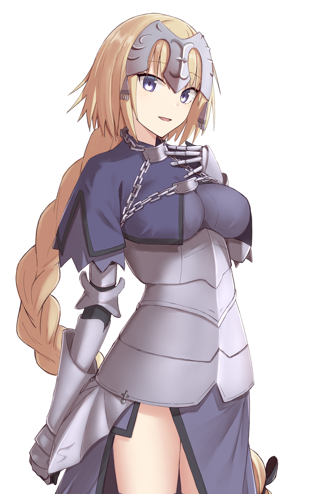 1girl armor armored_dress bangs blonde_hair blue_eyes blush braid breasts commentary_request elfenlied22 eyebrows_visible_through_hair fate/apocrypha fate/grand_order fate_(series) gauntlets headpiece highres jeanne_d'arc_(fate) jeanne_d'arc_(fate)_(all) large_breasts long_hair looking_at_viewer ruler_(fate/apocrypha) simple_background single_braid smile solo very_long_hair white_background