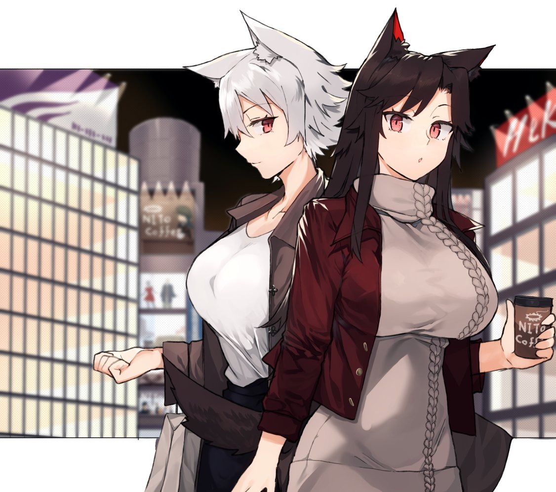 2girls alternate_costume animal_ear_fluff animal_ears bangs black_hair breasts brown_jacket casual commentary_request contemporary cup dress eyebrows_visible_through_hair from_side grey_dress hair_between_eyes holding holding_cup imaizumi_kagerou inubashiri_momiji jacket kasuka_(kusuki) large_breasts long_hair long_sleeves multiple_girls parted_lips profile red_eyes red_jacket shirt short_hair sidelocks silver_hair touhou turtleneck_dress upper_body white_shirt wolf_ears