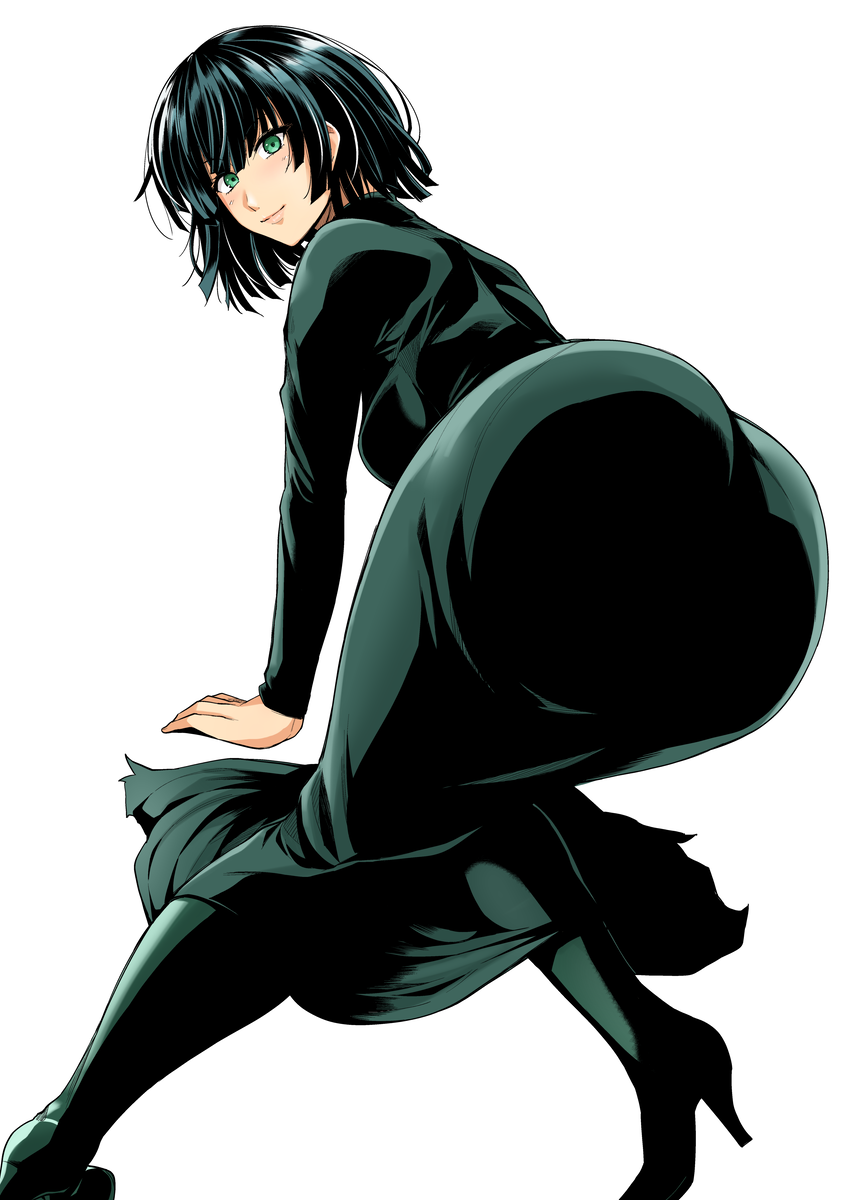 1girl all_fours ass black_hair detached_collar fubuki_(one-punch_man) green_eyes haruhisky high_heels highres looking_at_viewer looking_back one-punch_man short_hair solo white_background