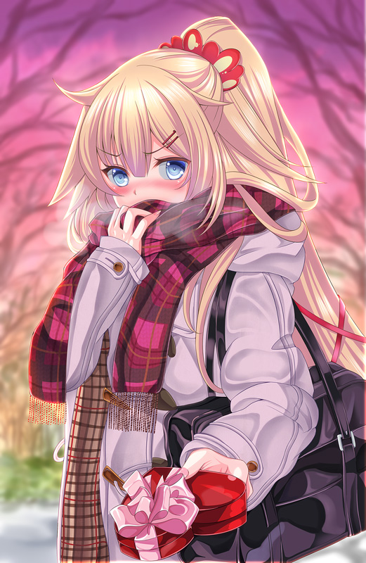 1girl akai_haato alternate_costume alternate_hairstyle bag blonde_hair blue_eyes blurry blurry_background blush coat commentary_request covering_mouth gift hair_ornament hairclip hasanishi heavy_breathing hololive looking_at_viewer ponytail scarf school_bag solo tsundere valentine virtual_youtuber winter_clothes winter_coat