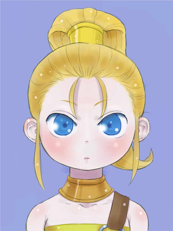 1girl bare_shoulders blonde_hair blue_eyes chrono_trigger closed_mouth collar detached_collar ebimomo high_ponytail looking_at_viewer metal_collar ponytail portrait purple_background sidelocks simple_background solo strap