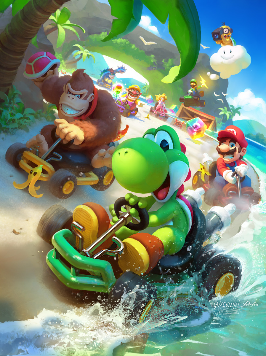 beach cassio_yoshiyaki clenched_teeth clouds collaboration commentary day donkey_kong drifting driving full_body go_kart highres lakitu mario super_mario_bros. mario_kart ocean outdoors renato_giacomini sand smile teeth water yoshi