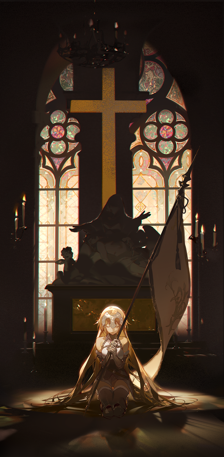 1girl armor ask_(askzy) bangs blonde_hair breasts candle chandelier church closed_eyes closed_mouth collar cross facing_viewer fate/apocrypha fate/grand_order fate_(series) flag full_body gloves headwear highres holding indoors jeanne_d'arc_(fate) jeanne_d'arc_(fate)_(all) light long_hair praying shadow sitting sleeveless smile solo statue thigh-highs very_long_hair window zettai_ryouiki