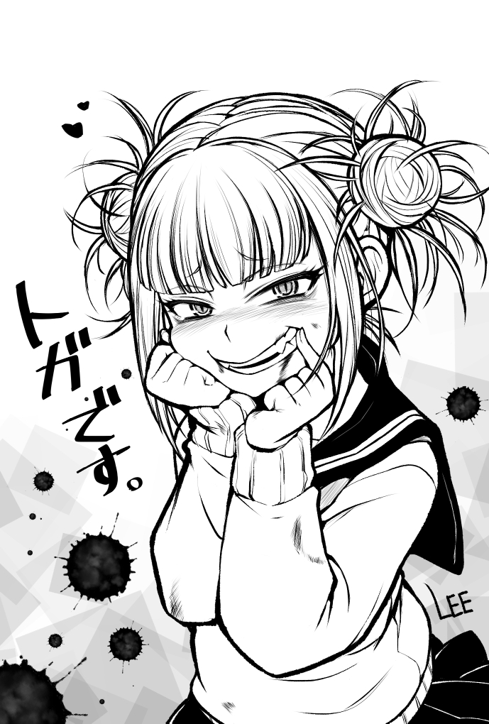 1girl artist_name bangs blonde_hair blood blood_on_face blood_splatter bloody_clothes blush boku_no_hero_academia cardigan character_name chin_rest commentary double_bun fangs finger_to_mouth greyscale grin hand_on_own_cheek hands_up heart lee_(colt) long_sleeves looking_at_viewer looking_up medium_hair messy_hair monochrome nose_blush pleated_skirt sailor_collar sidelocks skirt slit_pupils smile solo toga_himiko upper_body