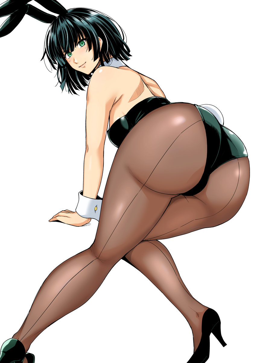 1girl all_fours animal_ears ass black_hair bunny_girl bunny_tail detached_collar fubuki_(one-punch_man) green_eyes haruhisky high_heels highres looking_at_viewer looking_back one-punch_man pantyhose rabbit_ears short_hair shoulder_blades solo tail white_background wrist_cuffs