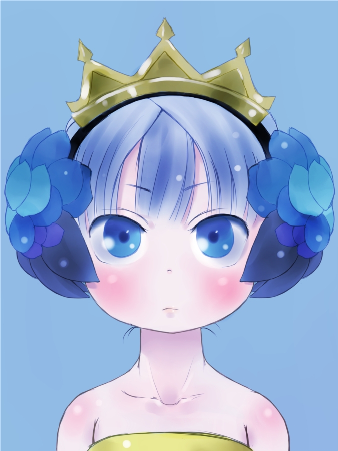 1girl bangs bare_shoulders blue_background blue_eyes blue_hair blush closed_mouth crown ebimomo eyebrows_visible_through_hair gwendolyn hairband looking_at_viewer odin_sphere short_hair simple_background solo
