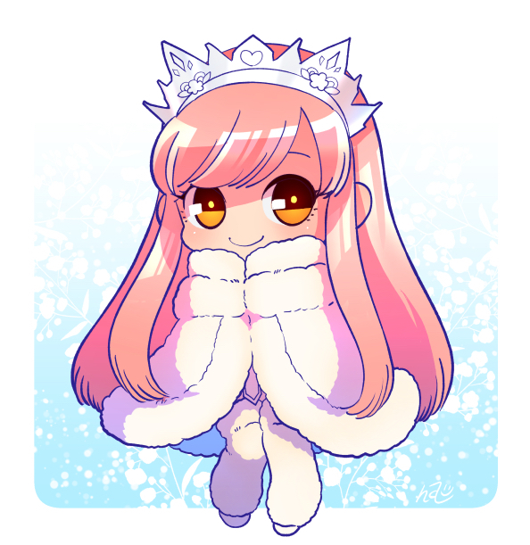 1girl chibi cloak fate/grand_order fate_(series) fur_coat fur_collar leg_warmers long_hair medb_(fate)_(all) medb_(fate/grand_order) nishiyama_(whatsoy) pink_hair solo tiara yellow_eyes