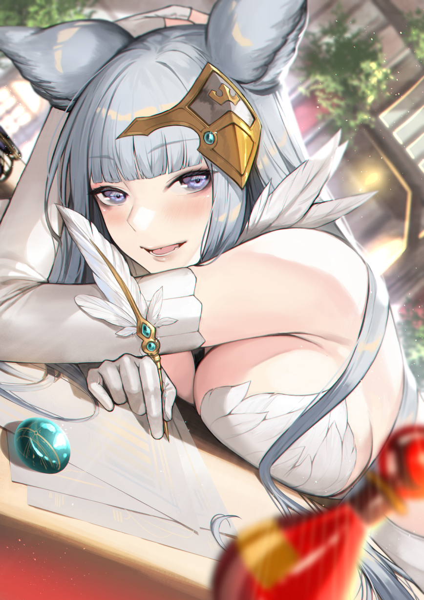 1girl animal_ears bangs blue_eyes blunt_bangs blurry blurry_background blurry_foreground blush breast_press breasts deras dutch_angle elbow_gloves erune eyebrows_visible_through_hair gloves granblue_fantasy highres korwa large_breasts long_hair looking_at_viewer open_mouth quill silver_hair solo white_gloves