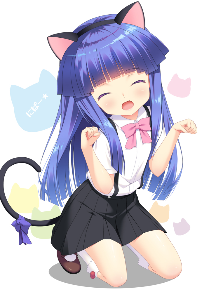 1girl :d ^_^ animal_ears bangs black_hairband black_skirt blue_hair blunt_bangs blush bow brown_footwear cat_ears cat_tail closed_eyes collared_shirt dress_shirt eyebrows_visible_through_hair facing_viewer fake_animal_ears furude_rika gaou hairband head_tilt higurashi_no_naku_koro_ni kneehighs kneeling long_hair open_mouth paw_pose pink_bow pleated_skirt purple_bow shadow shirt shoes short_sleeves skirt smile solo suspender_skirt suspenders tail tail_bow translation_request very_long_hair white_background white_legwear white_shirt