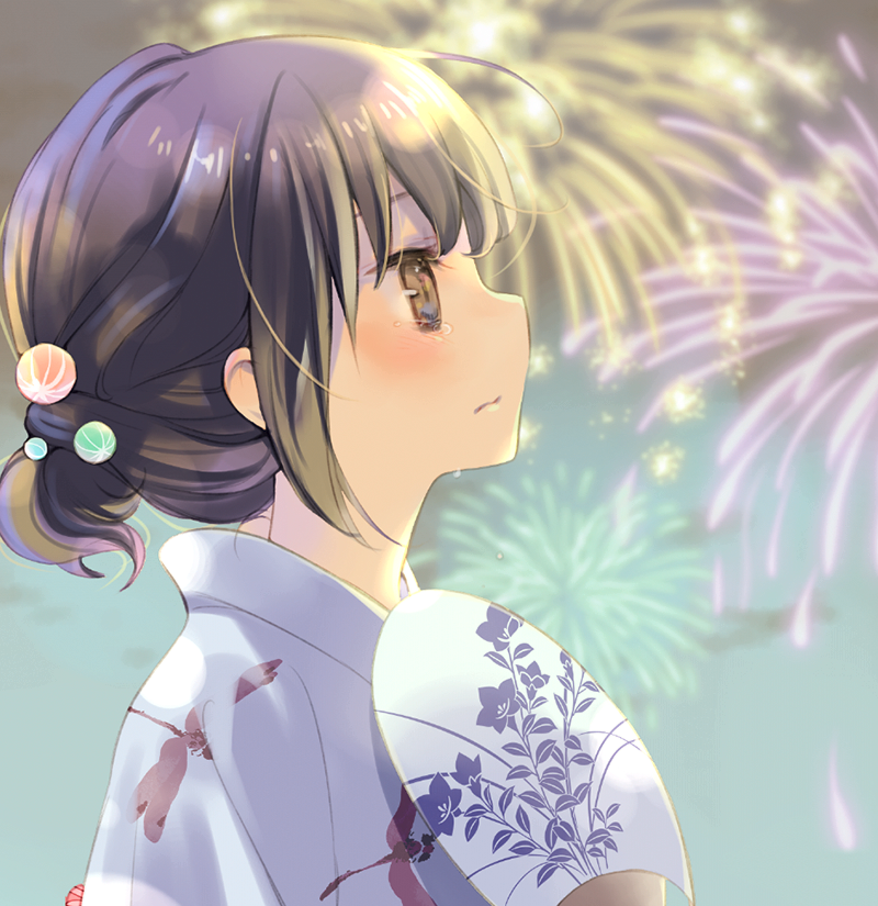 1girl ahoge bangs blurry blurry_background blush brown_hair closed_mouth crying crying_with_eyes_open depth_of_field dragonfly_print fan fireworks from_side hair_ornament holding holding_fan japanese_clothes kimono kuga_tsukasa original outdoors paper_fan short_hair sideways_mouth solo tears uchiwa white_kimono