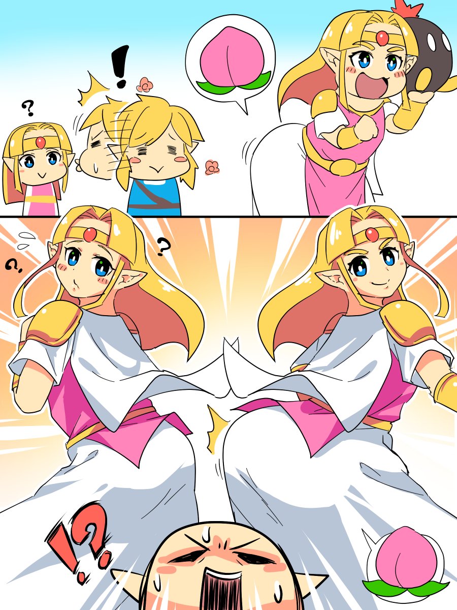 !? 1boy ass belt blonde_hair circlet commentary_request confused dress highres huge_ass link long_hair pauldrons pointy_ears princess_zelda smug squarewave the_legend_of_zelda the_legend_of_zelda:_breath_of_the_wild white_dress wide_hips