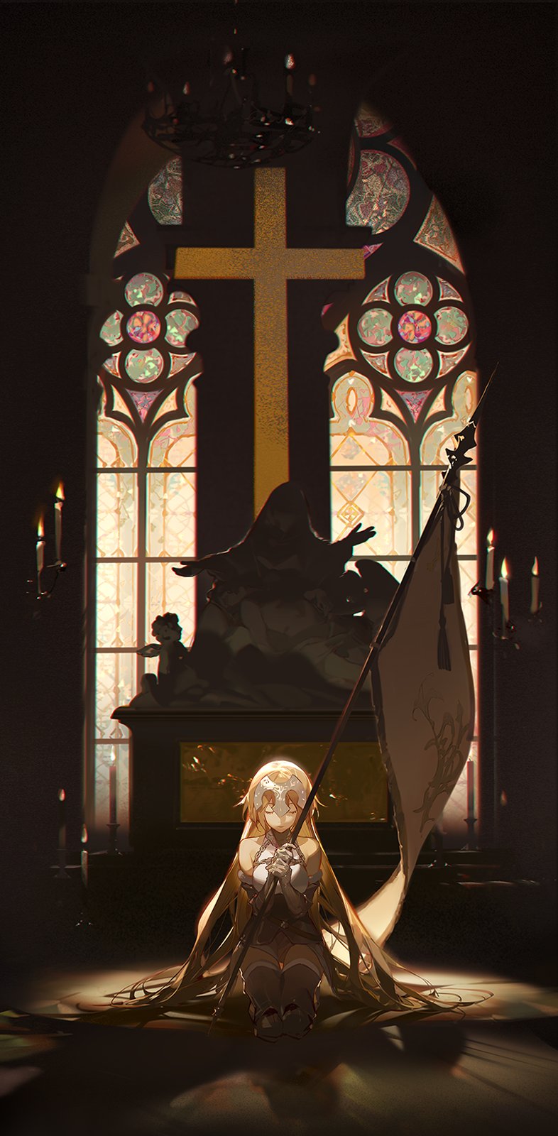 1girl armor ask_(askzy) bangs blonde_hair breasts candle chandelier character_request church closed_eyes closed_mouth collar cross facing_viewer fate/grand_order fate_(series) flag full_body gloves headwear highres holding indoors light long_hair praying shadow sitting sleeveless smile solo statue thigh-highs very_long_hair window zettai_ryouiki
