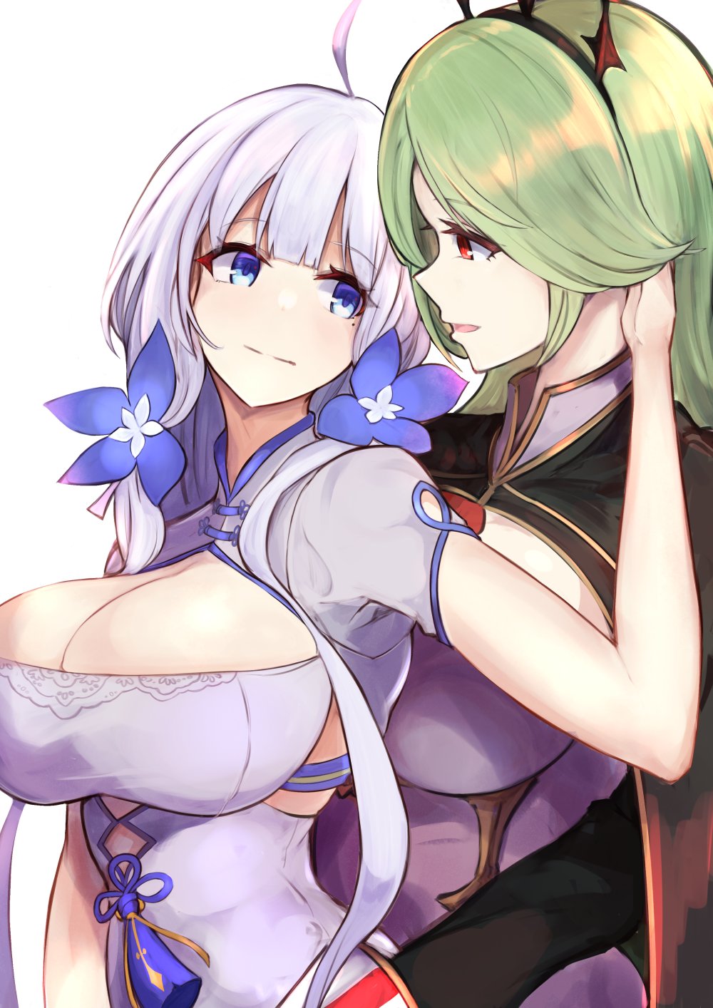 2girls azur_lane blue_eyes breasts cape china_dress chinese_clothes crown dress green_hair hair_ornament highres illustrious_(azur_lane) illustrious_(maiden_lily's_radiance)_(azur_lane) large_breasts littorio_(azur_lane) long_hair marshall2033 mole mole_under_eye multiple_girls red_eyes silver_hair tri_tails