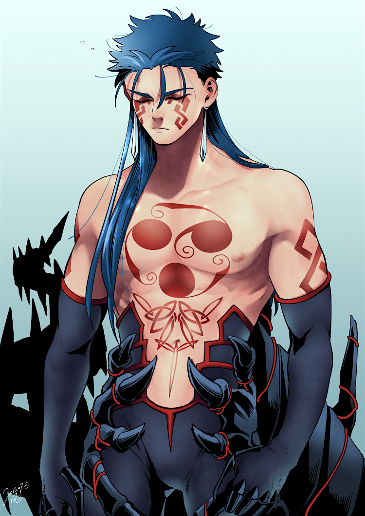 1boy bare_chest blue_hair bodysuit chest_tattoo closed_eyes cu_chulainn_(fate)_(all) cu_chulainn_alter_(fate/grand_order) earrings elbow_gloves facial_mark fate/grand_order fate_(series) gloves jewelry long_hair male_focus nishiyama_(whatsoy) shoulder_tattoo solo tail tattoo