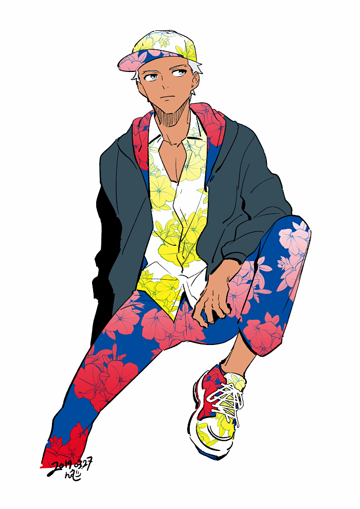 1boy archer baseball_cap casual dark_skin dark_skinned_male fate/stay_night fate_(series) floral_print hat jacket male_focus nishiyama_(whatsoy) shoes sneakers solo white_hair