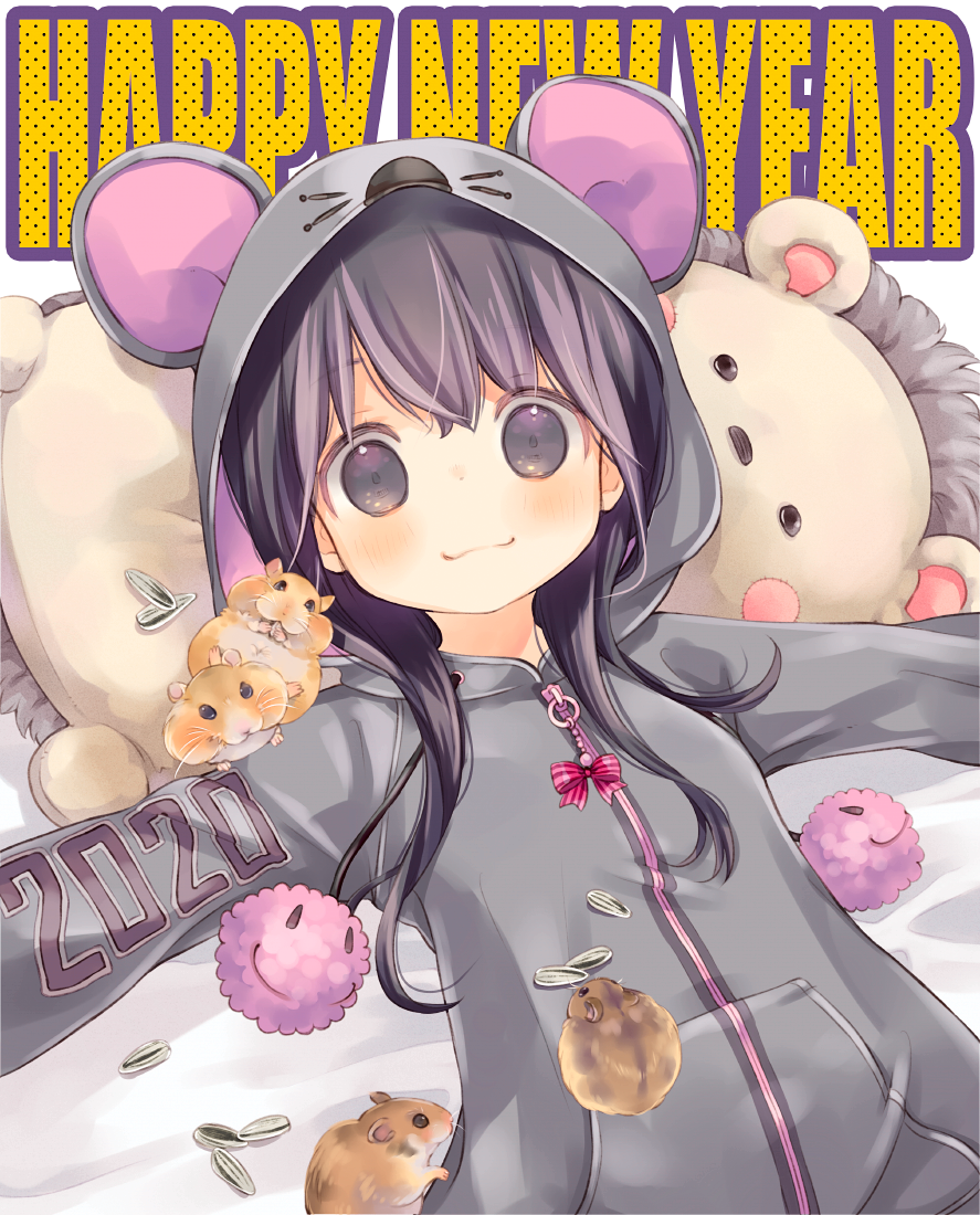 1girl 2020 animal animal_ears animal_hood bed_sheet black_hair blush bow chinese_zodiac closed_mouth commentary_request fake_animal_ears grey_eyes grey_jacket hamster happy_new_year hood hood_up hooded_jacket jacket kuga_tsukasa long_hair lying mouse_ears mouse_hood new_year on_back original outstretched_arms seed sidelocks smile solo spread_arms striped striped_bow sunflower_seed upper_body year_of_the_rat