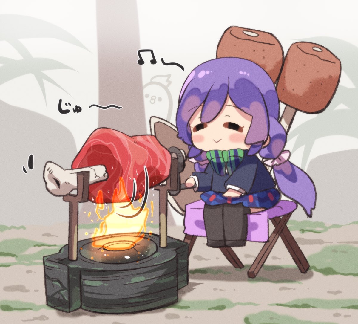 :&gt; blush boned_meat chibi cooking fire flame food green_ribbon long_hair love_live! love_live!_school_idol_project low_twintails meat meat_day minami_kotori_(bird) muse_loss musical_note purple_hair ribbon rotisserie skirt toujou_nozomi twintails