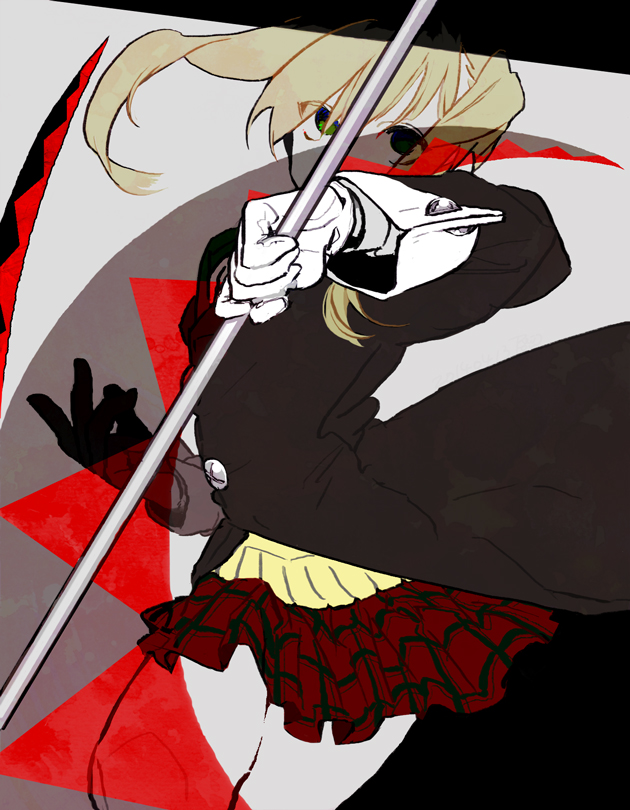 1girl blonde_hair commentary_request gloves green_eyes long_hair long_sleeves looking_at_viewer maka_albarn reirou_(re16ko89) scythe skirt solo soul_eater twintails