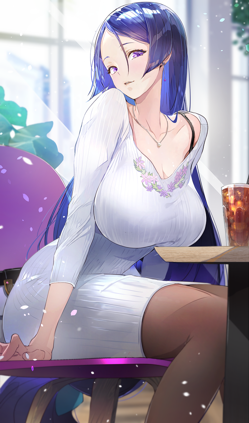 1girl a2ki bangs blush breasts contemporary fate/grand_order fate_(series) highres large_breasts long_hair long_sleeves looking_at_viewer low-tied_long_hair minamoto_no_raikou_(fate/grand_order) parted_bangs purple_hair smile solo very_long_hair violet_eyes