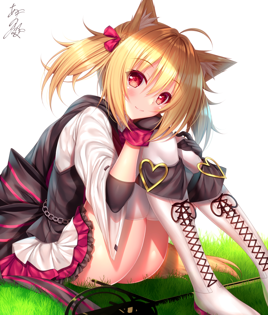 1girl ahoge animal_ear_fluff animal_ears arknights bangs black_bow black_gloves blonde_hair blush boots bow closed_mouth commentary_request eyebrows_visible_through_hair frilled_skirt frills gloves grass hair_between_eyes hair_bow heart knee_boots knees_up on_grass red_bow red_eyes shirt short_sleeves short_twintails signature simple_background sitting skirt smile solo sora_(arknights) striped striped_bow tail thigh-highs thighhighs_under_boots twintails two_side_up white_background white_footwear white_legwear white_shirt white_skirt wide_sleeves yunagi_amane