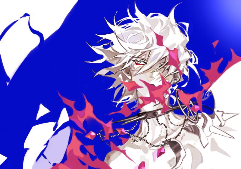 1boy blue_eyes collar expressionless fate/apocrypha fate_(series) fire floating_hair karna_(fate) male_focus mchi red_eyeshadow solo spiked_collar spikes white_hair white_skin