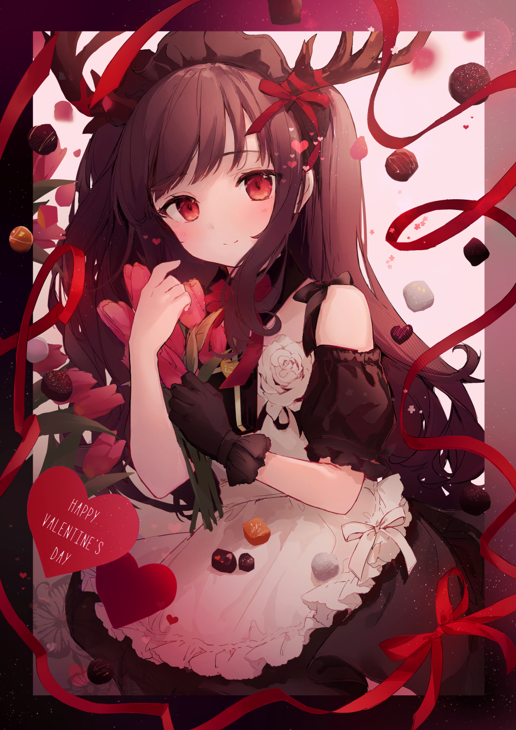 1girl antlers apron bare_shoulders black_dress black_gloves black_sleeves blush box brown_hair chocolate closed_mouth commentary_request detached_collar dress flower frilled_apron frills gift gift_box gloves happy_valentine heart highres long_hair maid_headdress original pink_flower puffy_short_sleeves puffy_sleeves red_eyes red_ribbon ribbon rose short_sleeves single_glove sleeveless sleeveless_dress smile solo suzumori_uina tulip two_side_up valentine very_long_hair white_apron white_flower white_rose