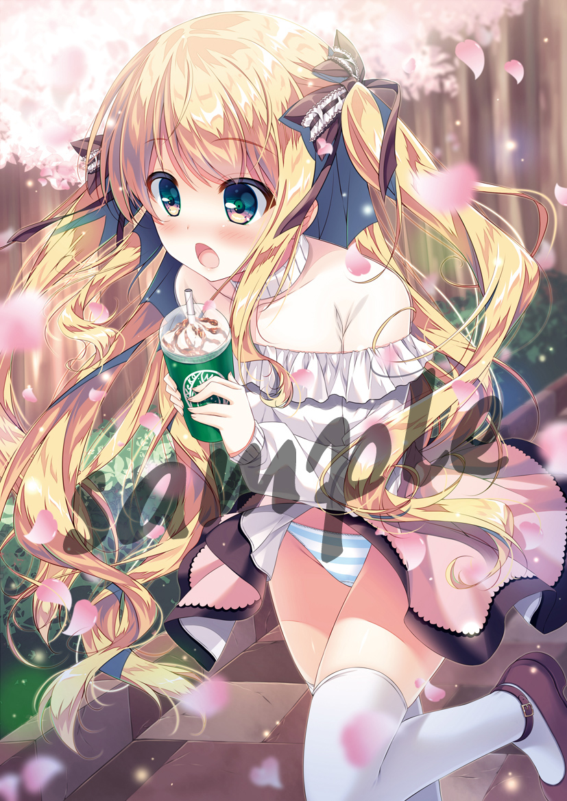1girl bangs bendy_straw blonde_hair blurry blurry_background blush bow brown_bow brown_eyes brown_footwear brown_shirt commentary_request cup depth_of_field disposable_cup dress dress_lift drinking_straw eyebrows_visible_through_hair flower hair_bow holding holding_cup long_hair long_sleeves looking_away mizuki_yuuma off-shoulder_dress off_shoulder open_mouth original panties petals pink_flower puffy_long_sleeves puffy_sleeves sample shirt shoes sleeves_past_wrists solo standing standing_on_one_leg striped striped_panties thigh-highs tree twintails underwear very_long_hair white_dress white_legwear wind wind_lift