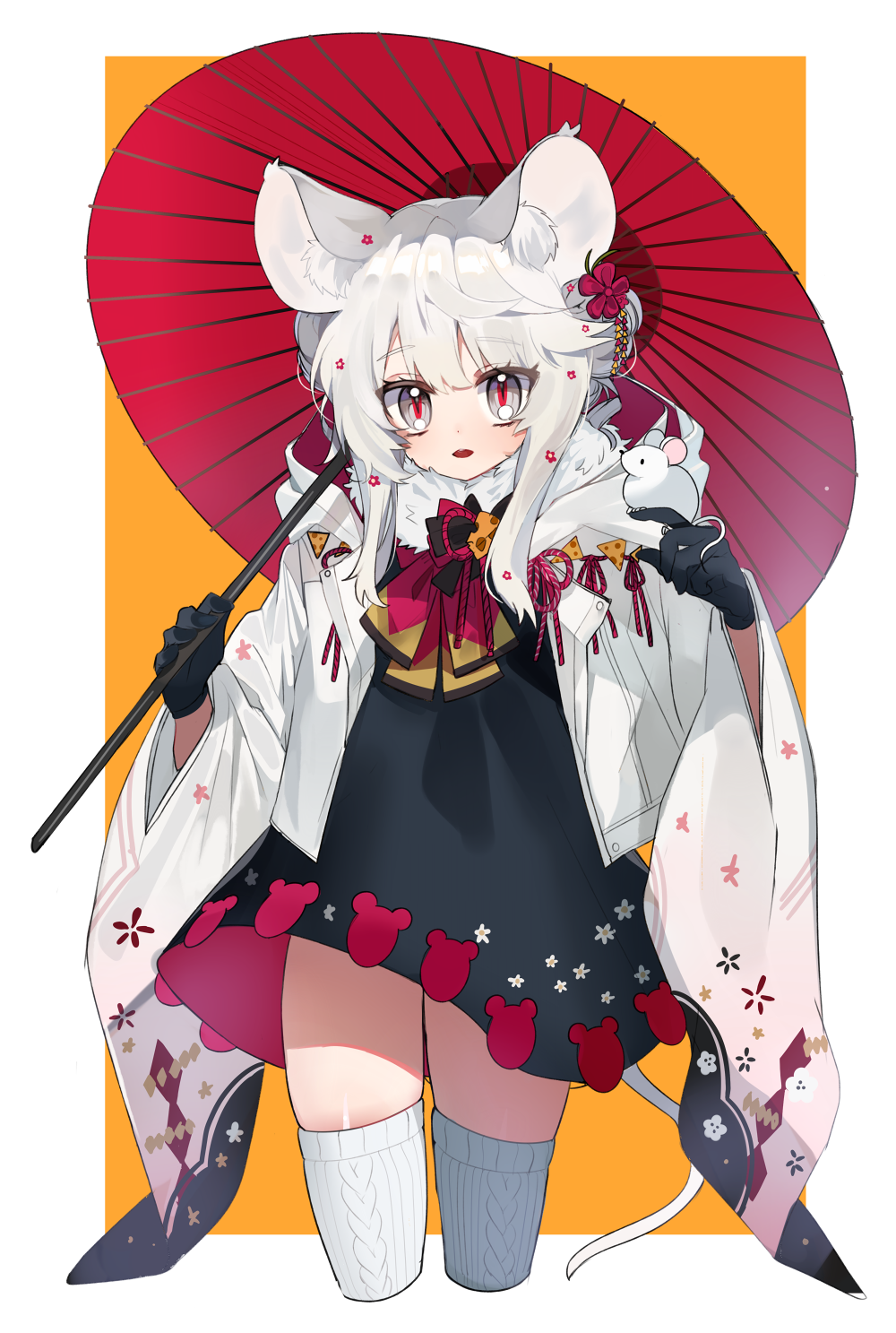 1girl animal animal_ears black_dress black_gloves cropped_legs dress gloves grey_eyes haori highres holding holding_umbrella japanese_clothes long_hair looking_at_viewer mid_(gameshe) mouse mouse_ears mouse_tail oriental_umbrella original parted_lips slit_pupils solo tail thigh-highs umbrella white_hair white_legwear wide_sleeves