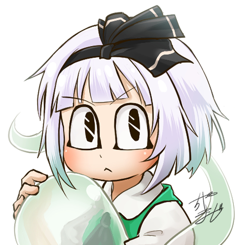 1girl avatar_icon bangs black_bow black_hairband blunt_bangs bob_cut bow chamaji close-up commentary_request eyebrows_visible_through_hair ghost green_vest hairband holding konpaku_youmu konpaku_youmu_(ghost) looking_at_viewer lowres short_hair signature solo touhou vest white_hair