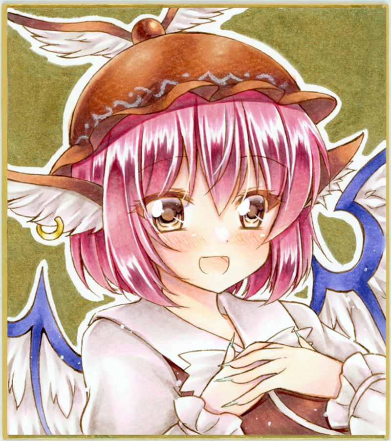 1girl animal_ears bird_wings blush brown_eyes brown_vest earrings eyebrows_visible_through_hair feathered_wings fingernails graphite_(medium) hair_between_eyes hands_together jewelry long_fingernails looking_at_viewer mystia_lorelei nekofish666 open_mouth purple_hair sharp_fingernails short_hair solo touhou traditional_media vest white_wings winged_hat wings