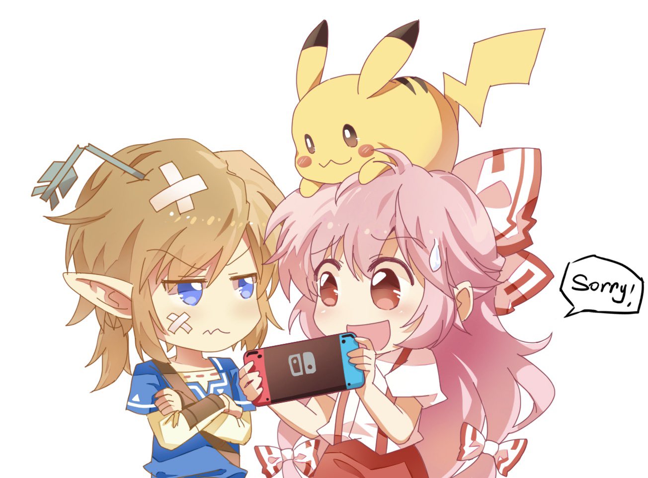 1boy 1girl :3 arrow_through_heart bandaid bangs blonde_hair blue_eyes blue_tunic bow broken_arrow chibi crossed_arms english_text eyebrows_visible_through_hair frown fujiwara_no_mokou game_console hair_between_eyes hair_bow link long_hair long_sleeves nintendo_switch on_head open_mouth pants pikachu pink_hair pointy_ears pokemon pokemon_(game) pokemon_on_head puffy_short_sleeves puffy_sleeves red_eyes red_pants shangguan_feiying shirt short_hair short_over_long_sleeves short_sleeves sidelocks simple_background speech_bubble suspenders sweatdrop the_legend_of_zelda touhou tunic upper_body v-shaped_eyebrows very_long_hair white_background white_shirt
