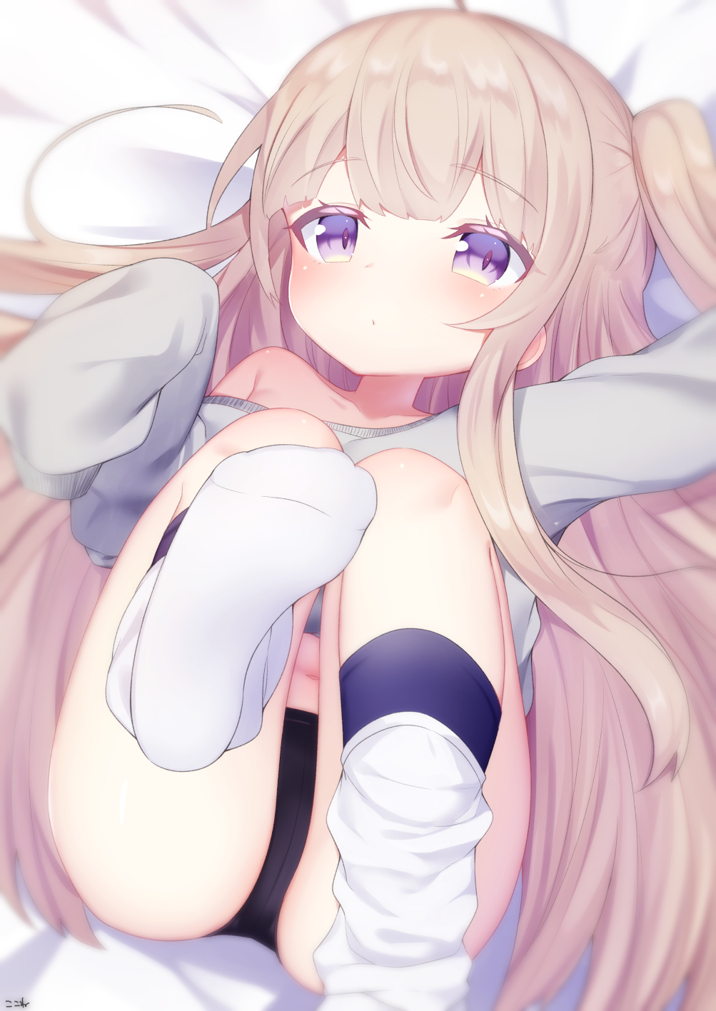 1girl ahoge bangs bare_shoulders bed_sheet black_panties blush closed_mouth collarbone commentary_request eyebrows_visible_through_hair grey_shirt highres koko_ne_(user_fpm6842) legs_up light_brown_hair long_hair long_sleeves looking_at_viewer lying navel no_shoes off_shoulder on_back original panties shirt sleeves_past_fingers sleeves_past_wrists socks soles solo two_side_up underwear very_long_hair violet_eyes white_legwear