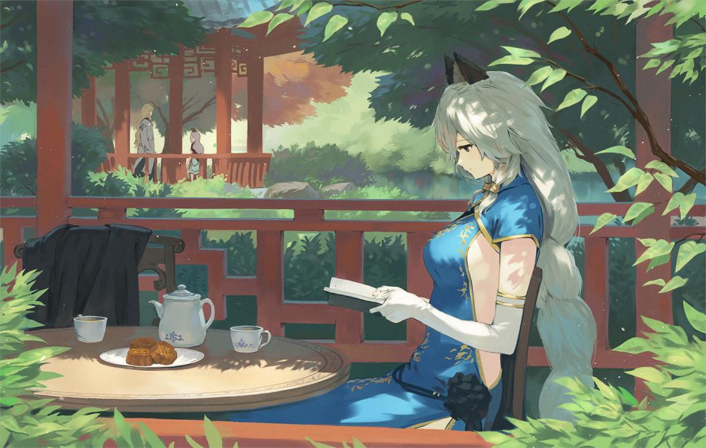 1boy 2girls animal_ears black_eyes blue_dress book bush chair character_request china_dress chinese_clothes closed_mouth cup dress elbow_gloves fence gloves granblue_fantasy grass holding holding_book looking_down multiple_girls open_book outdoors park pastry plate reading short_sleeves side_cutout sitting smile solo_focus table teacup teapot tree wasabi60 white_gloves