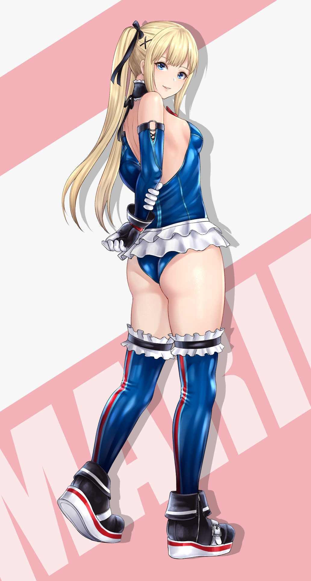 1girl arms_behind_back ass bangs bare_shoulders blonde_hair blue_eyes blue_legwear blue_leotard bow breasts dead_or_alive dead_or_alive_5 elbow_gloves eyebrows_visible_through_hair frills from_behind full_body gloves hair_bow highres leotard lips long_hair looking_at_viewer looking_back marie_rose nyatokanyaru parted_lips shadow shiny shiny_hair shiny_skin sidelocks simple_background sleeveless small_breasts smile standing thigh-highs thighs tied_hair twintails