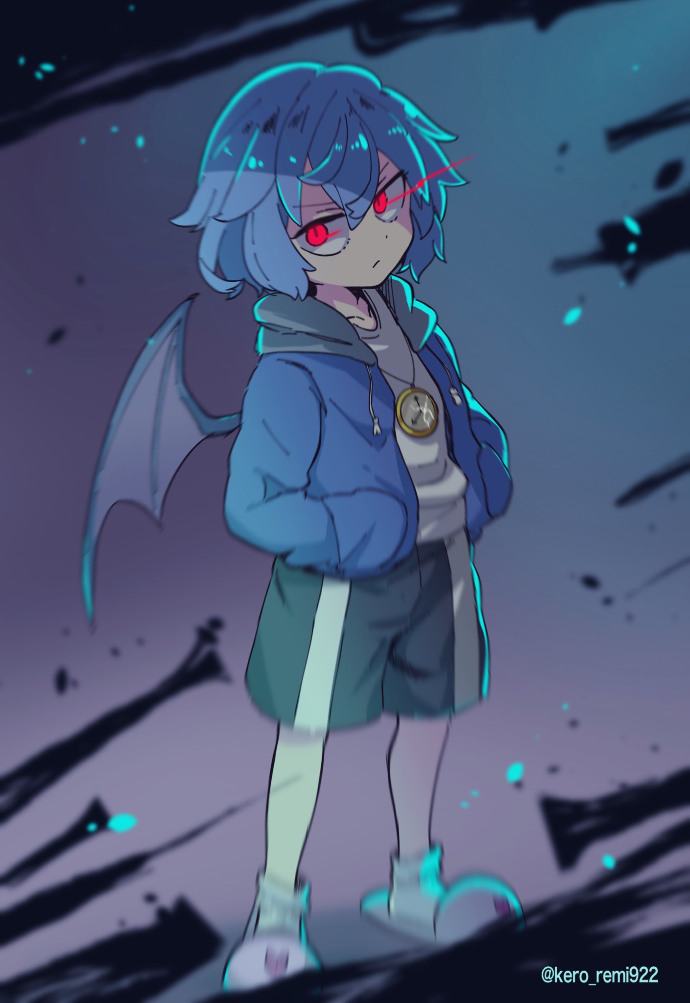 1girl artist_request bat_wings blue_hair commentary_request fang full_body glowing glowing_eyes hair_between_eyes hands_in_pocket highres hood hooded_jacket jacket light_trail pocket_watch red_eyes remilia_scarlet shirt short_hair shorts simple_background slippers socks solo touhou watch white_shirt wings