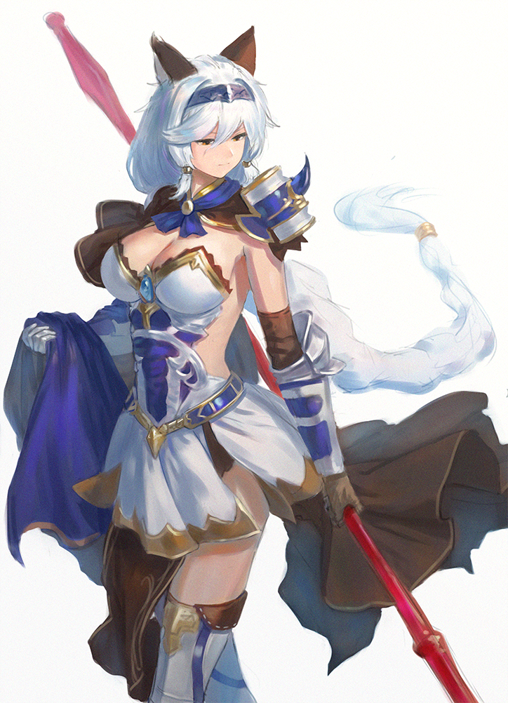 1girl animal_ears boots braid breasts brown_eyes brown_skirt closed_mouth dress floating_hair granblue_fantasy hair_between_eyes hairband heles holding holding_spear holding_weapon knee_boots large_breasts long_hair polearm simple_background skirt solo spear standing very_long_hair wasabi60 weapon white_background white_dress white_hair