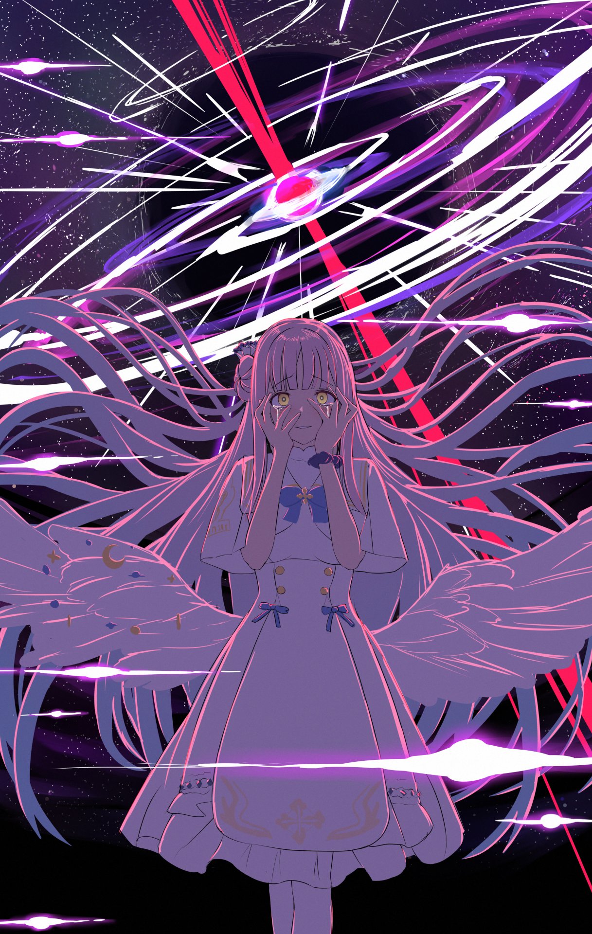 1girl angel_wings blue_archive blue_bow bow crescent crying crying_with_eyes_open dress ecc12_8 feathered_wings floating_hair flower hair_bun hair_flower hair_ornament halo hands_on_own_face highres mika_(blue_archive) pink_hair scrunchie side_bun solo tears white_dress wings wrist_scrunchie yellow_eyes