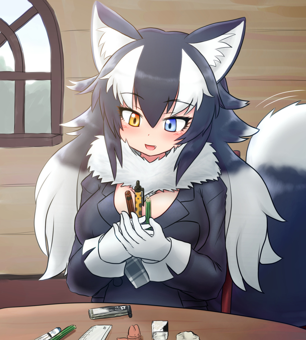 1girl animal_ear_fluff animal_ears between_breasts blue_eyes blush breasts commentary commentary_request eyebrows_visible_through_hair fang fur_collar gloves grey_wolf_(kemono_friends) heterochromia indoors kemono_friends large_breasts long_hair looking_down mo23 multicolored_hair necktie necktie_between_breasts open_mouth plaid_neckwear sitting solo tail tail_wagging two-tone_hair white_gloves wolf_ears wolf_girl wolf_tail yellow_eyes