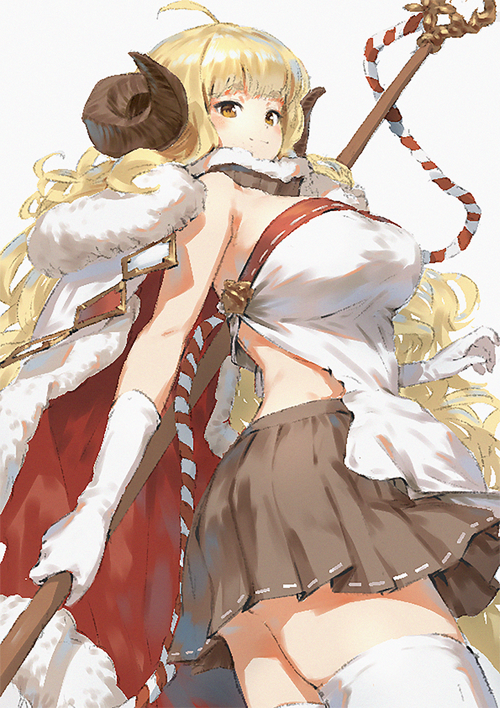 1girl ahoge anila_(granblue_fantasy) bangs blonde_hair blunt_bangs breasts brown_eyes brown_skirt cape closed_mouth commentary_request curled_horns curly_hair dress gloves granblue_fantasy grey_background holding horns large_breasts long_hair looking_at_viewer pleated_skirt red_cape simple_background skirt smile solo thigh-highs very_long_hair wasabi60 white_dress white_gloves white_legwear