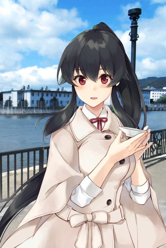 1girl alternate_costume bangs black_hair blush breasts cape clouds coat cup day double-breasted eyebrows_visible_through_hair holding ichinomiya_(blantte) kantai_collection long_hair open_mouth outdoors ponytail red_eyes sakazuki sidelocks sky solo yahagi_(kantai_collection)