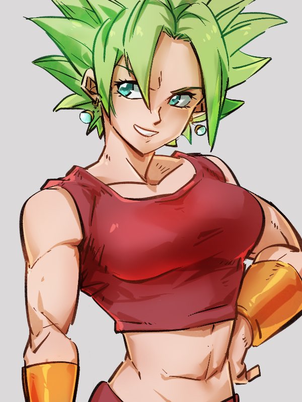 1girl abs arm_at_side bare_arms bare_shoulders bracelet breasts collarbone crop_top dragon_ball dragon_ball_super earrings eyelashes frown green_eyes green_hair grey_background grin hair_over_one_eye hand_on_hip jewelry kefla_(dragon_ball) kemachiku large_breasts looking_to_the_side midriff muscle muscular_female pants parted_lips potara_earrings red_pants short_hair simple_background sleeveless smile solo spiky_hair super_saiyan upper_body v-shaped_eyebrows very_short_hair